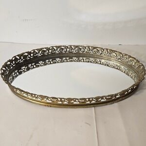 Vintage Gold Filigree Mirrored Vanity Tray Oval Floral Ornate Hollywood Regency